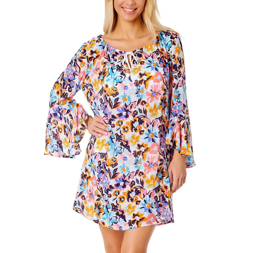 Anne Cole Floral Swim Cover Up XL/XXL Multicolor Ruffle Bell Sleeve ACSC509